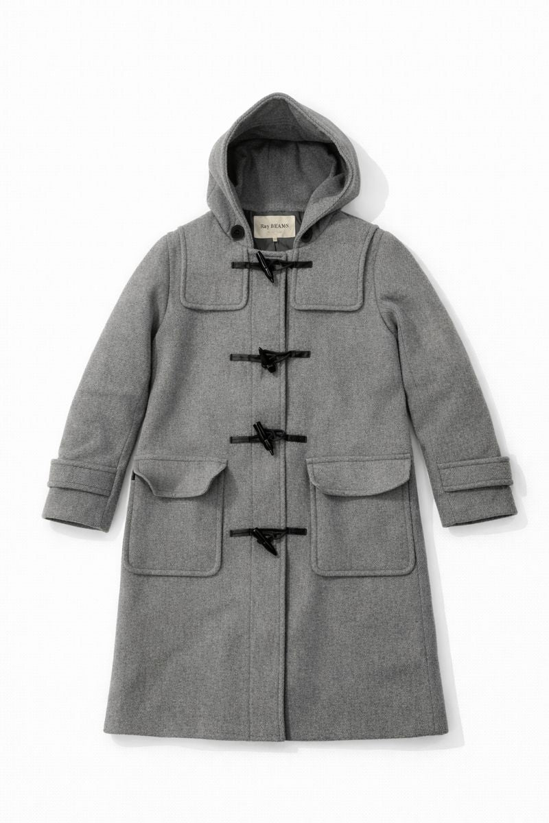 long duffle coat with hood, toggle closures, two front patch pockets, and long sleeves
