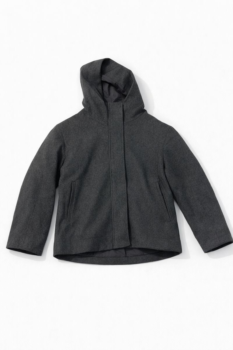 short grey hooded coat with stand-up collar, hidden zip closure, and front pockets