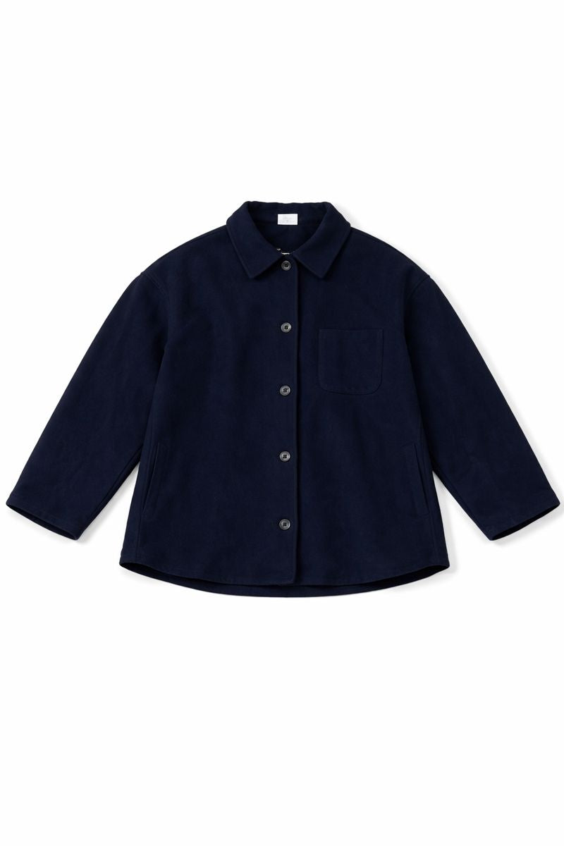 navy blue boiled wool overshirt with point collar, front buttons, chest pocket, and side pockets