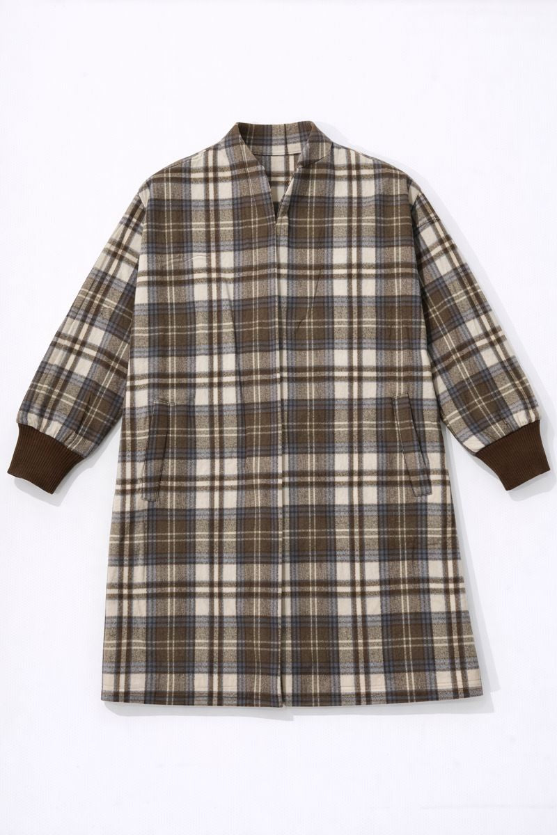 Plaid button-down shirt dress with stand collar and three-quarter sleeves