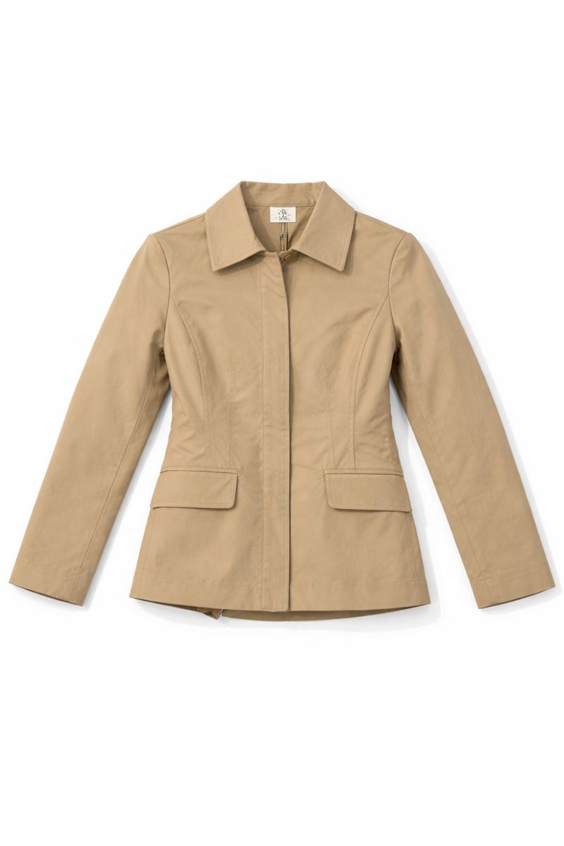 beige tailored blazer jacket with front button closure, flap pockets, and structured shoulders