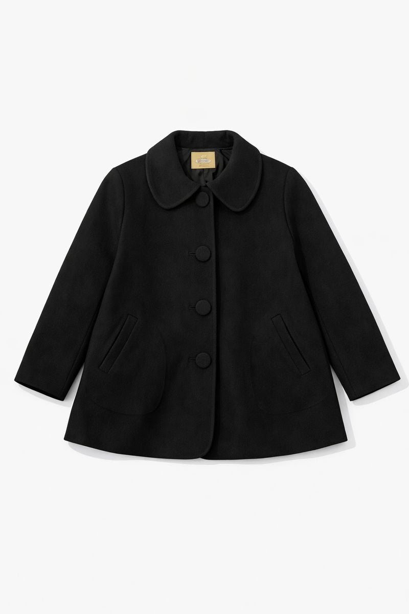  black short A-line coat with Peter Pan collar, three front buttons, long sleeves, and two rounded front pockets