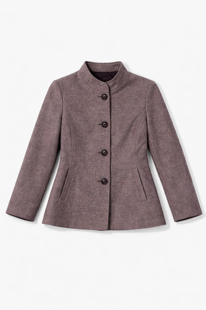  women? hip-length coat with band collar, button-front closure, two side pockets, and long sleeves
