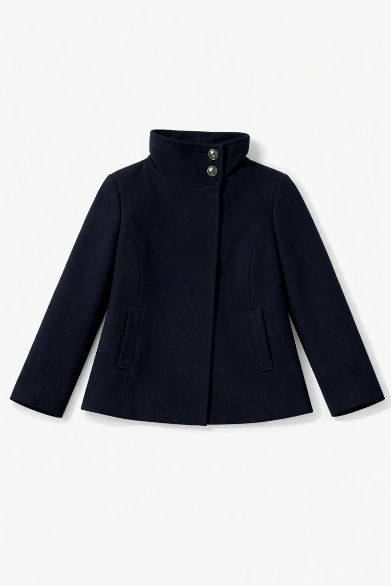 Short stand-collar coat with statement buttons and subtle hip pockets