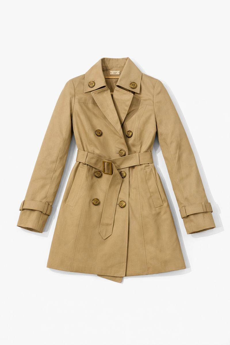 Double-breasted belted trench coat with epaulettes and buckled cuffs