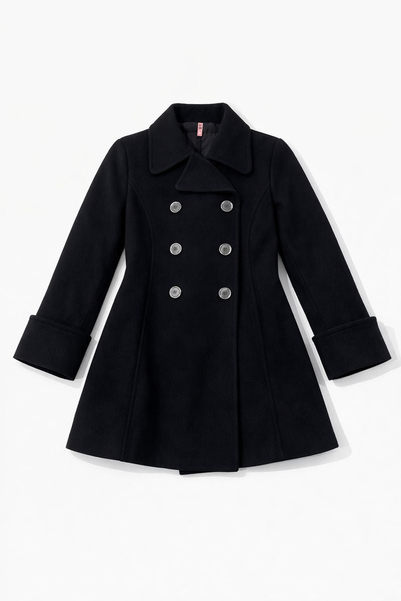 Double-breasted peacoat with notched lapels and statement buttons