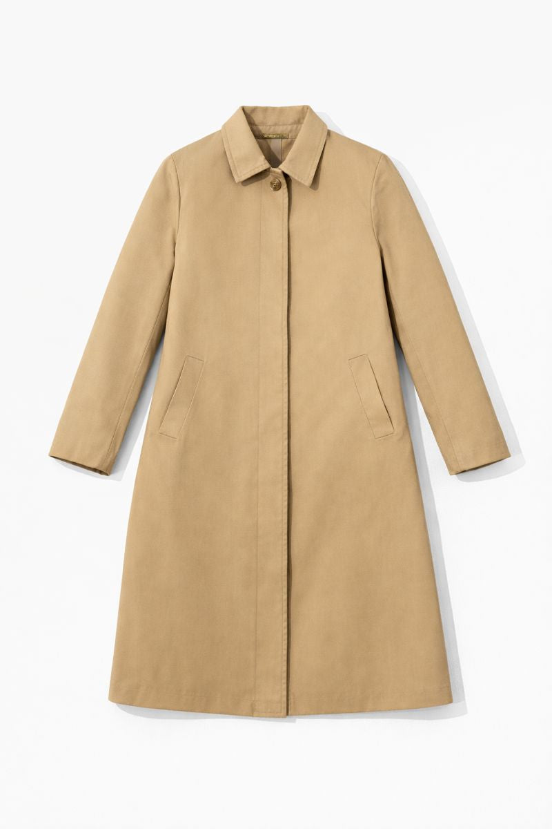 Single-breasted wool coat with soutien collar, hidden buttons, and raglan sleeves