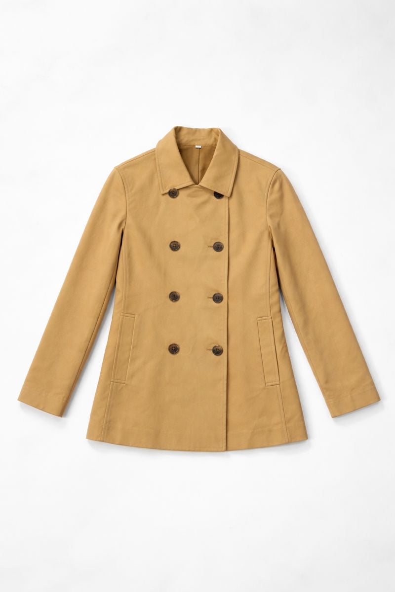 Double-breasted twill coat with statement buttons and tailored silhouette