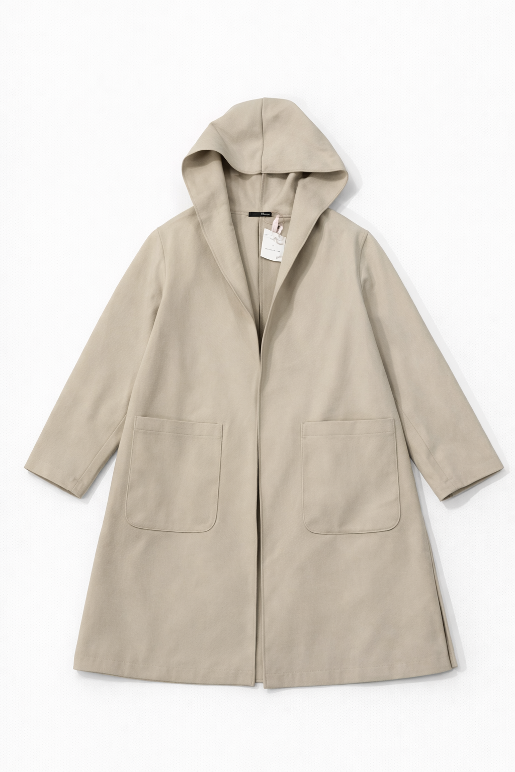 Relaxed hooded long coat with open front, drop shoulders, and large patch pockets