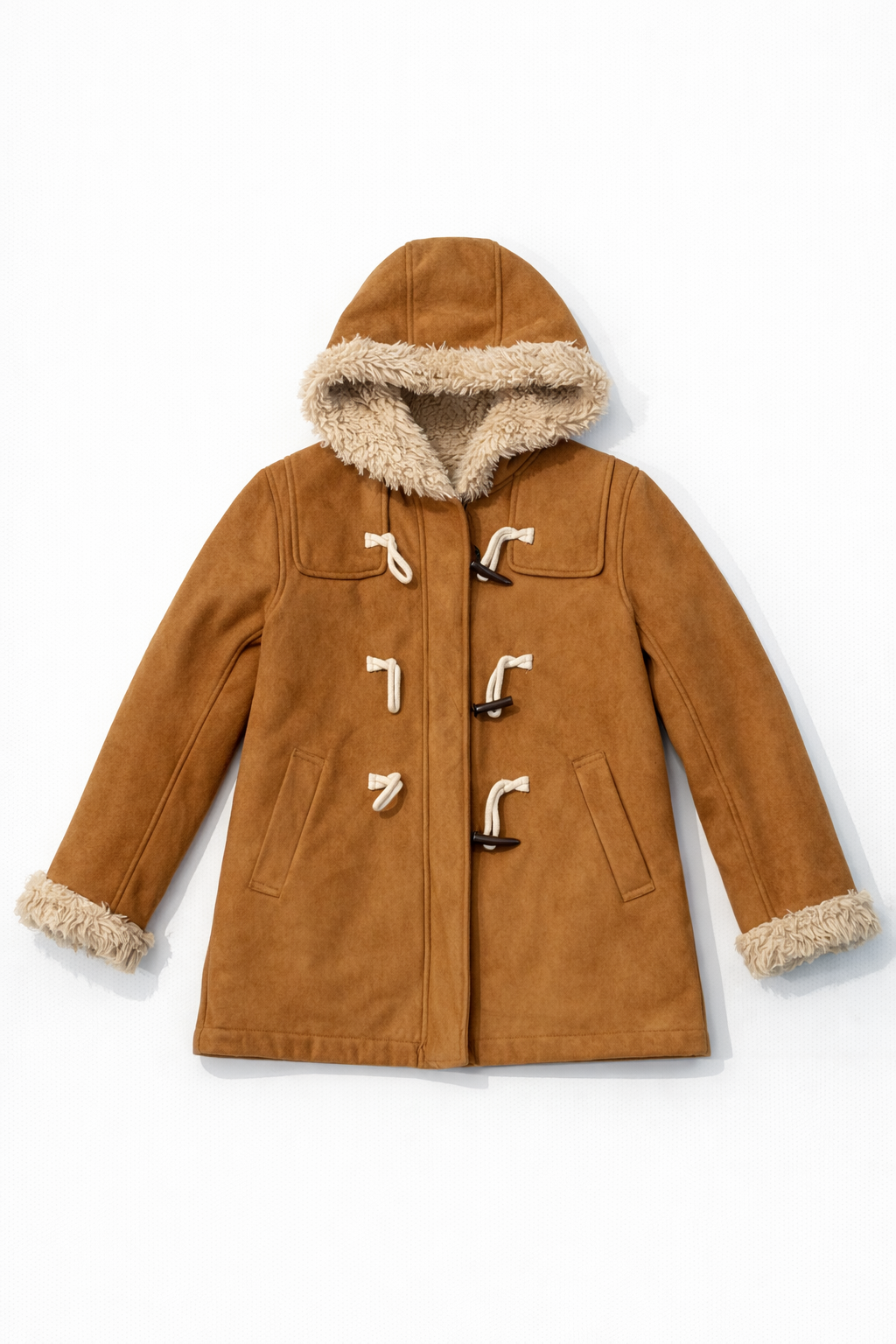 Preloved hooded duffle coat designed with faux horn toggle fastenings, thick sherpa lining, functional front pockets, and a warm suede-like outer finish for cold-weather wear.