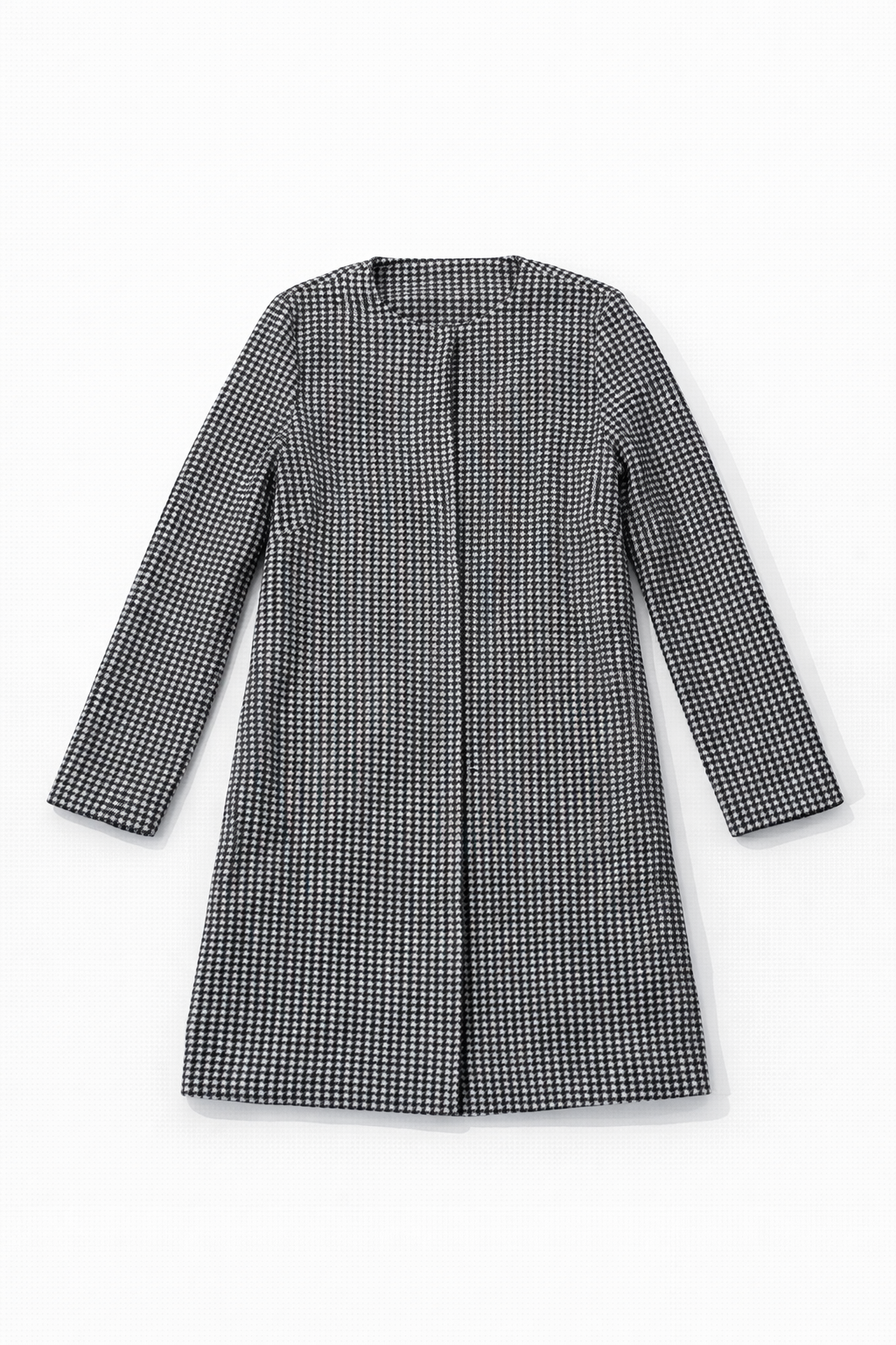 Grid pattern collarless long coat with single-breasted front and slash pockets