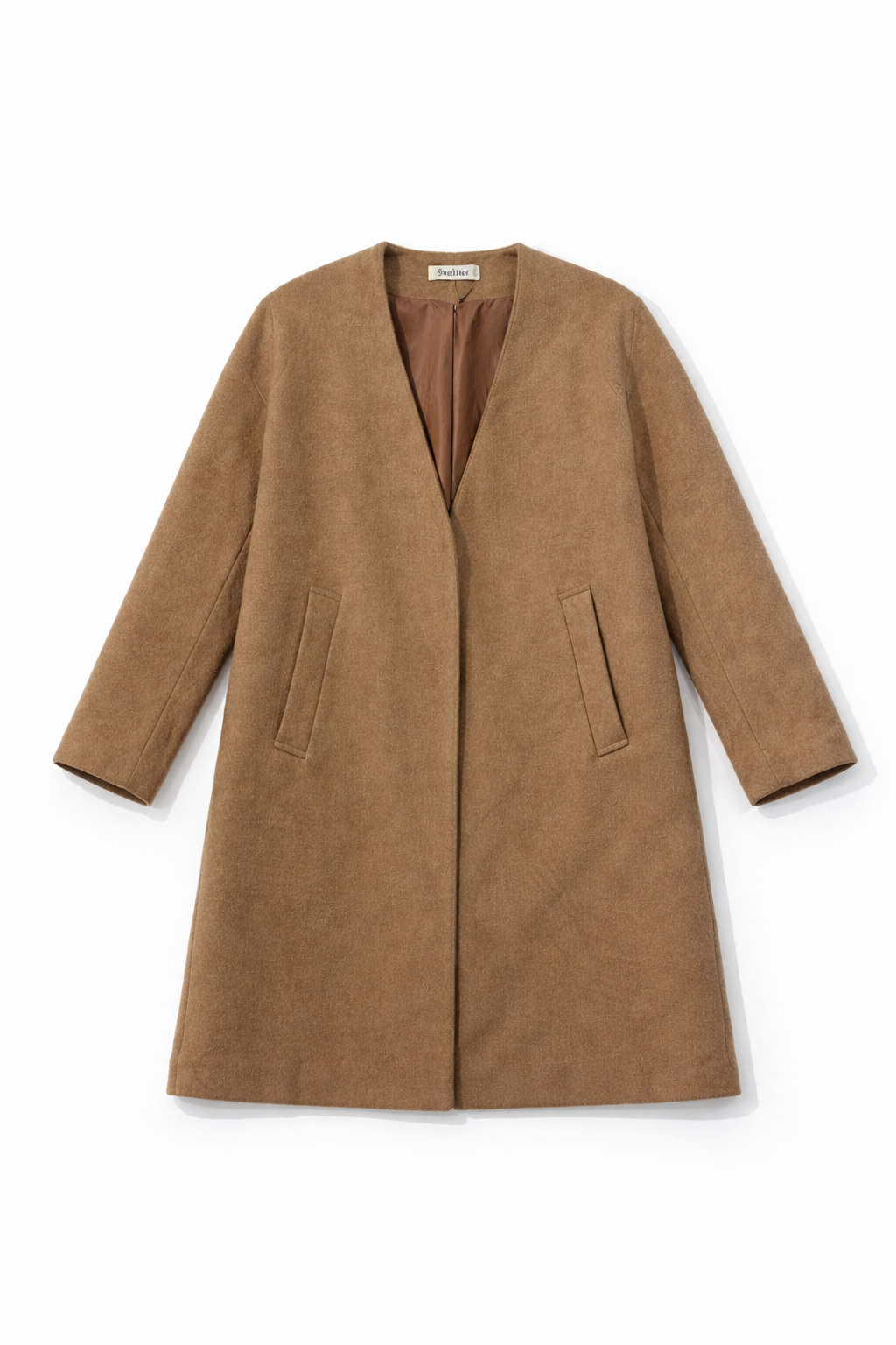 Collarless open-front mid-length coat with three-quarter sleeves and patch pockets