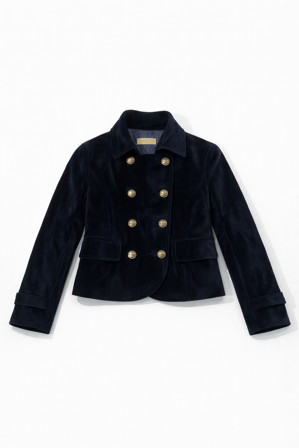 Velvet military double-breasted blazer with metallic buttons