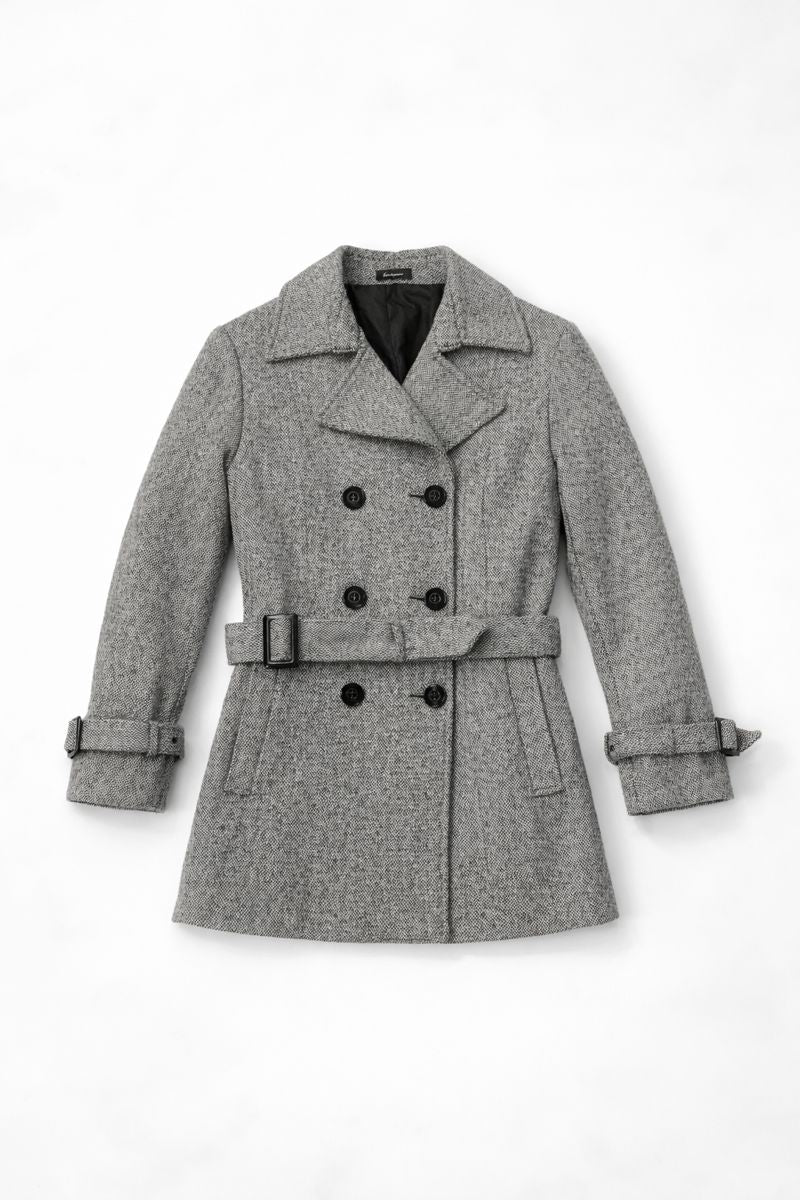 Double-breasted short peacoat with wide lapels, belted waist, and cuff tabs