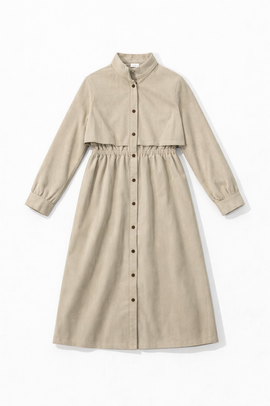 Long textured button-front shirtdress with gathered waist and stand collar