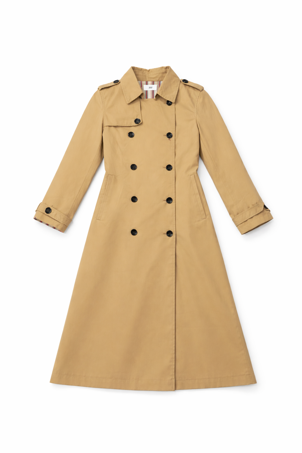 Beige double-breasted trench coat with belt and sleeve tabs