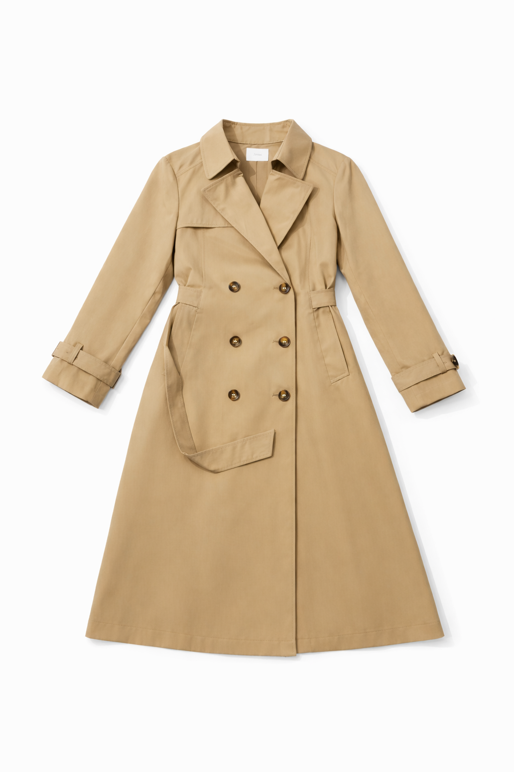 Neutral double-breasted trench coat with waist tie belt