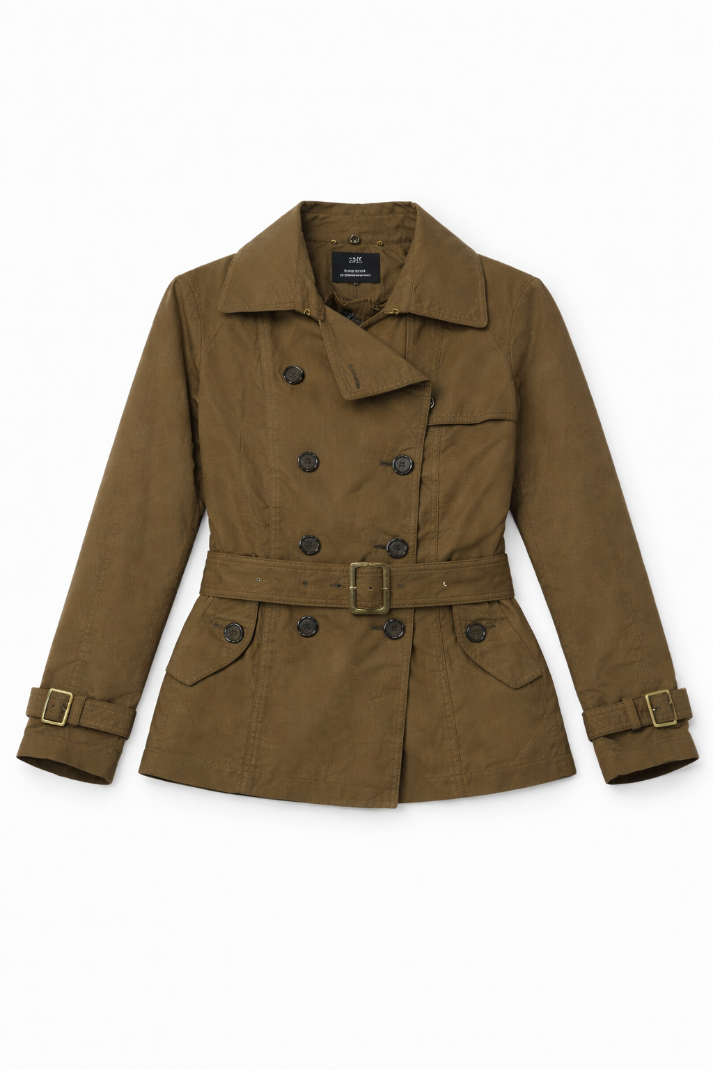Olive green double-breasted trench coat with belt