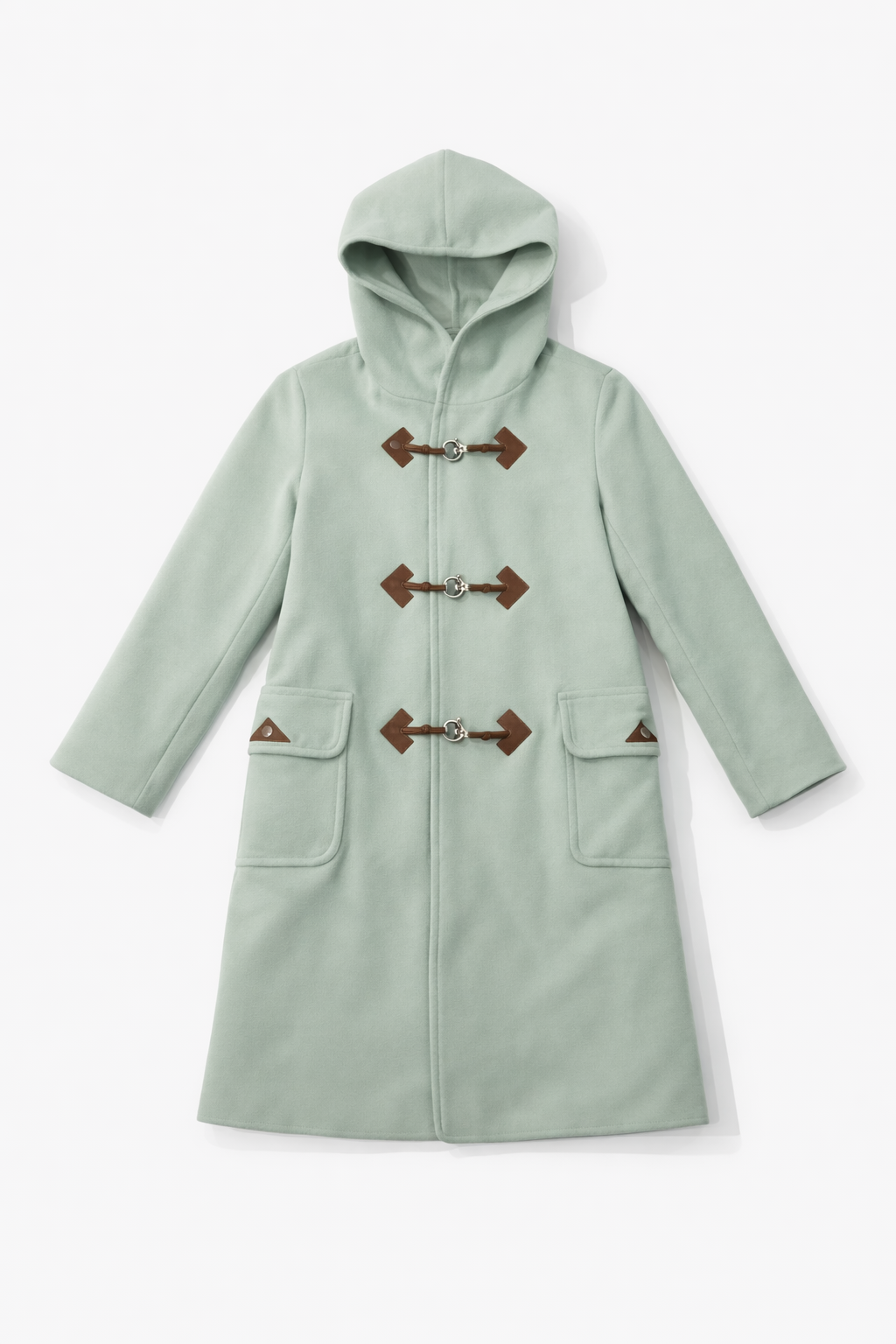 Sage green hooded duffle coat with toggle closures