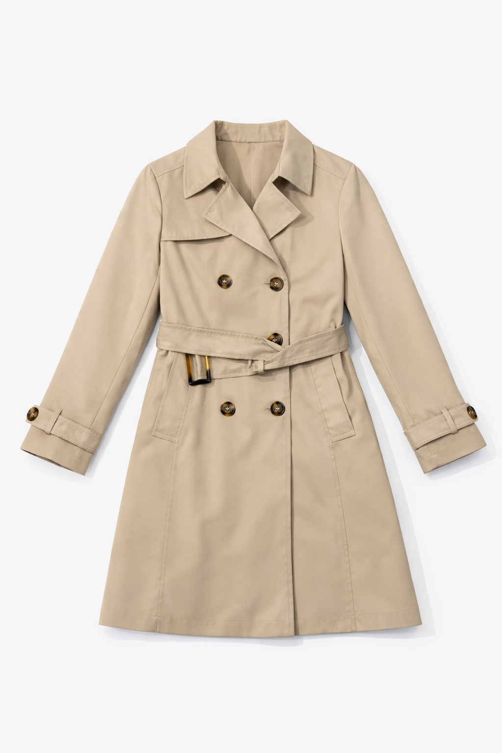 Stone double-breasted trench coat with tie belt