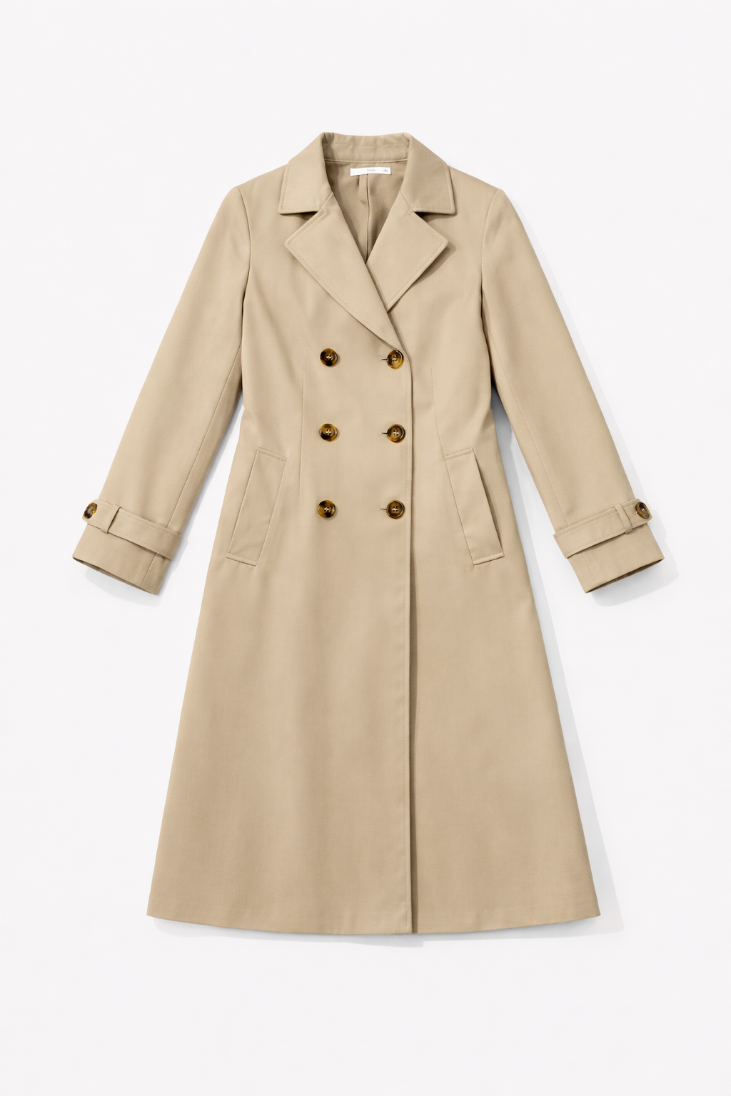Beige longline double-breasted trench coat with belt