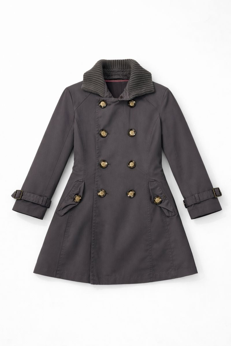 Double-breasted mid-thigh coat with ribbed collar, gold-button closure, and belted cuffs