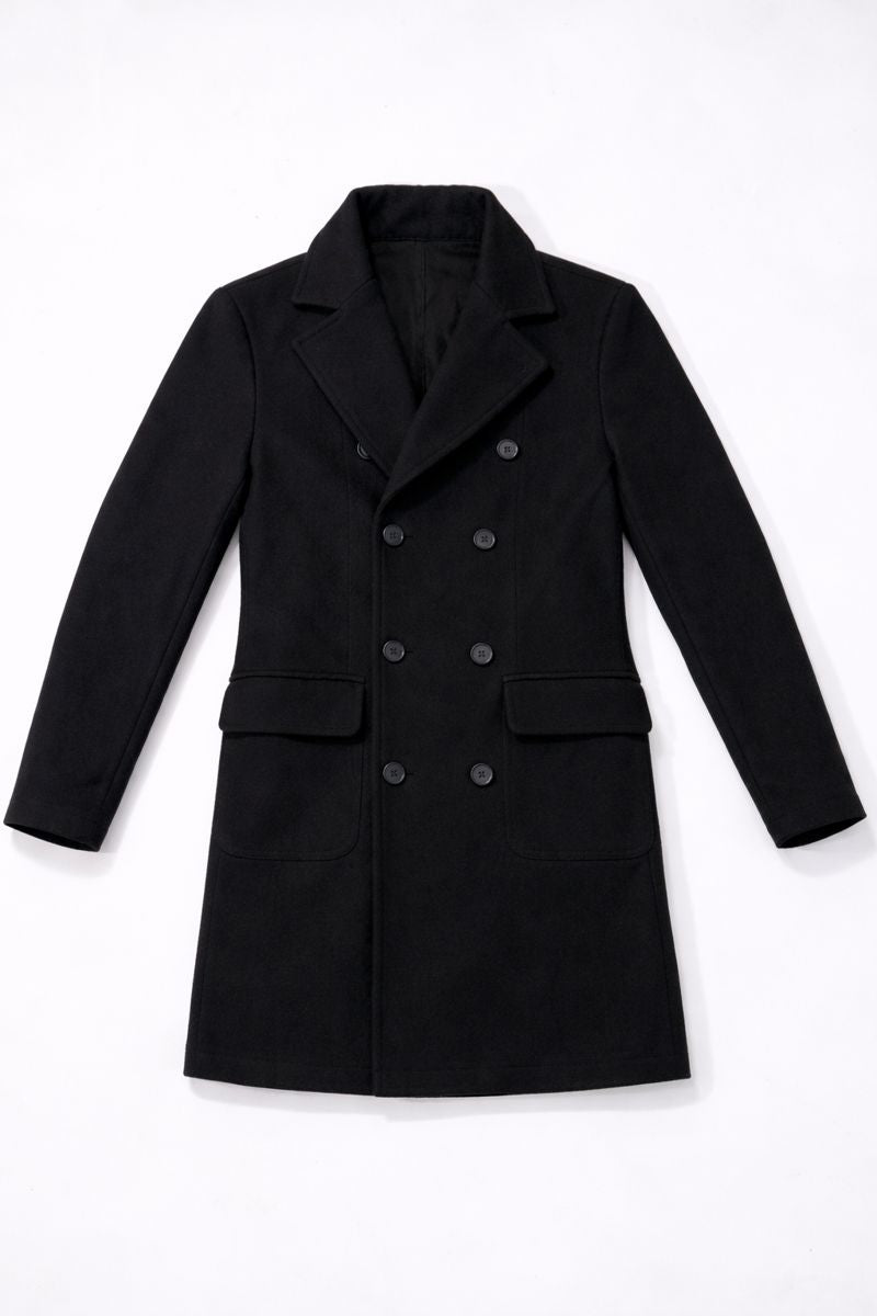 Double-breasted mid-length overcoat with lapel collar and side pockets