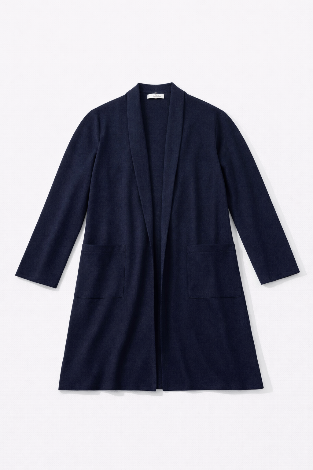 Navy open-front kimono jacket with patch pockets