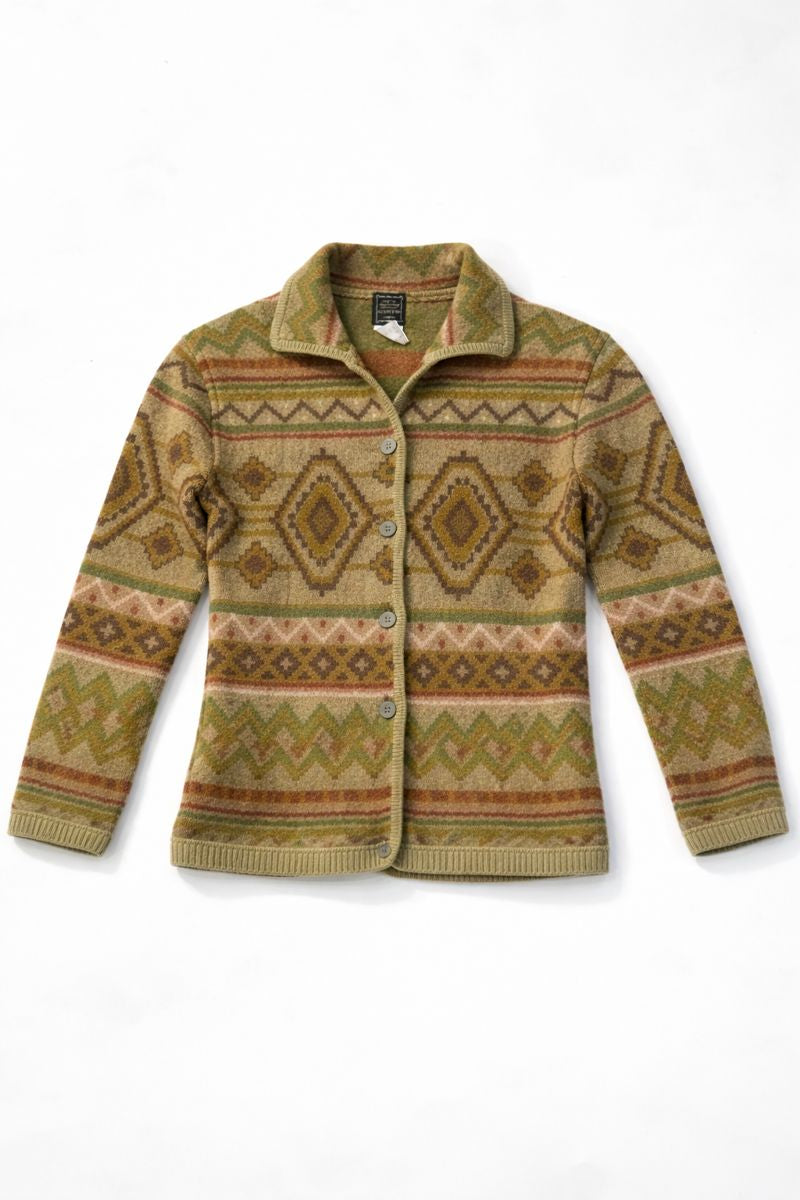 Patterned knit button-up cardigan with collar and geometric motifs