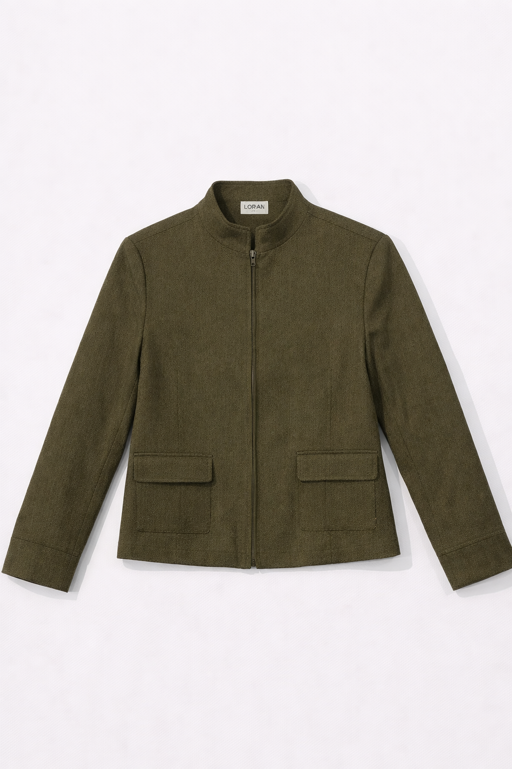 Olive green zip-up jacket with mandarin collar