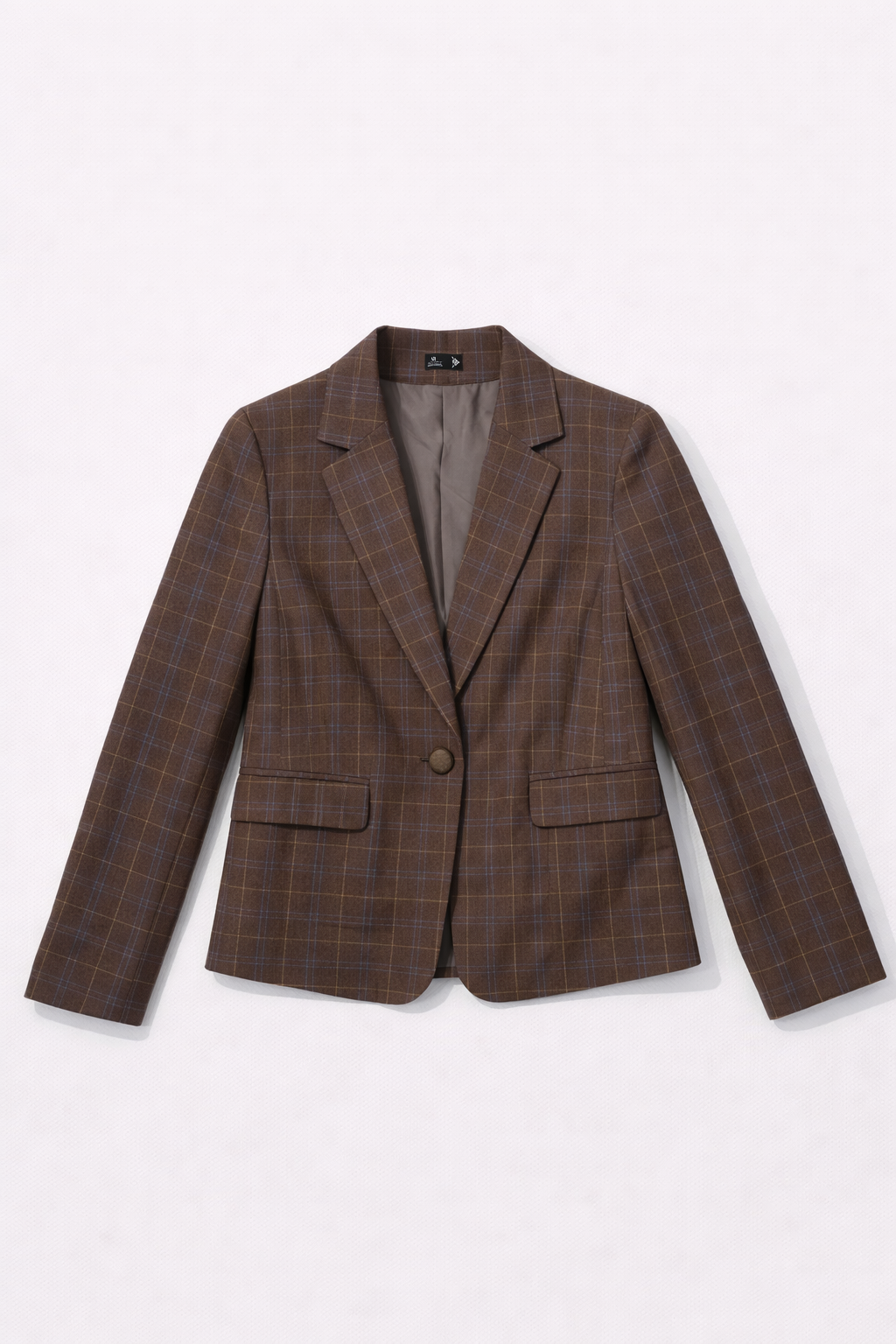 Brown plaid tailored blazer with single button