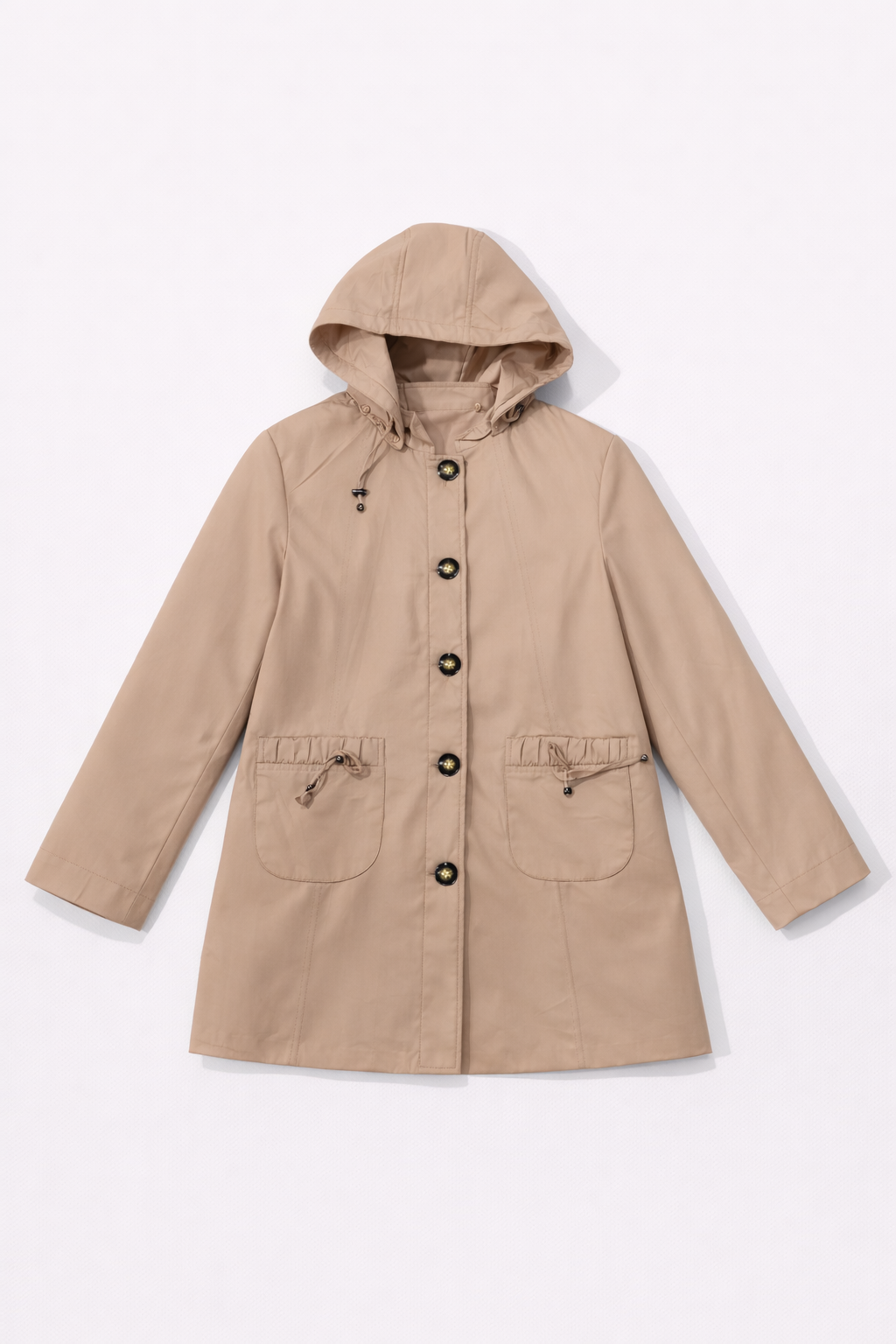 Beige hooded coat with patch pockets