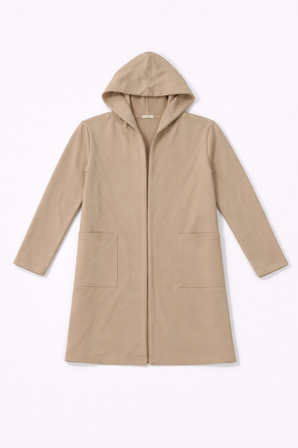 Tan longline hooded coat with patch pockets