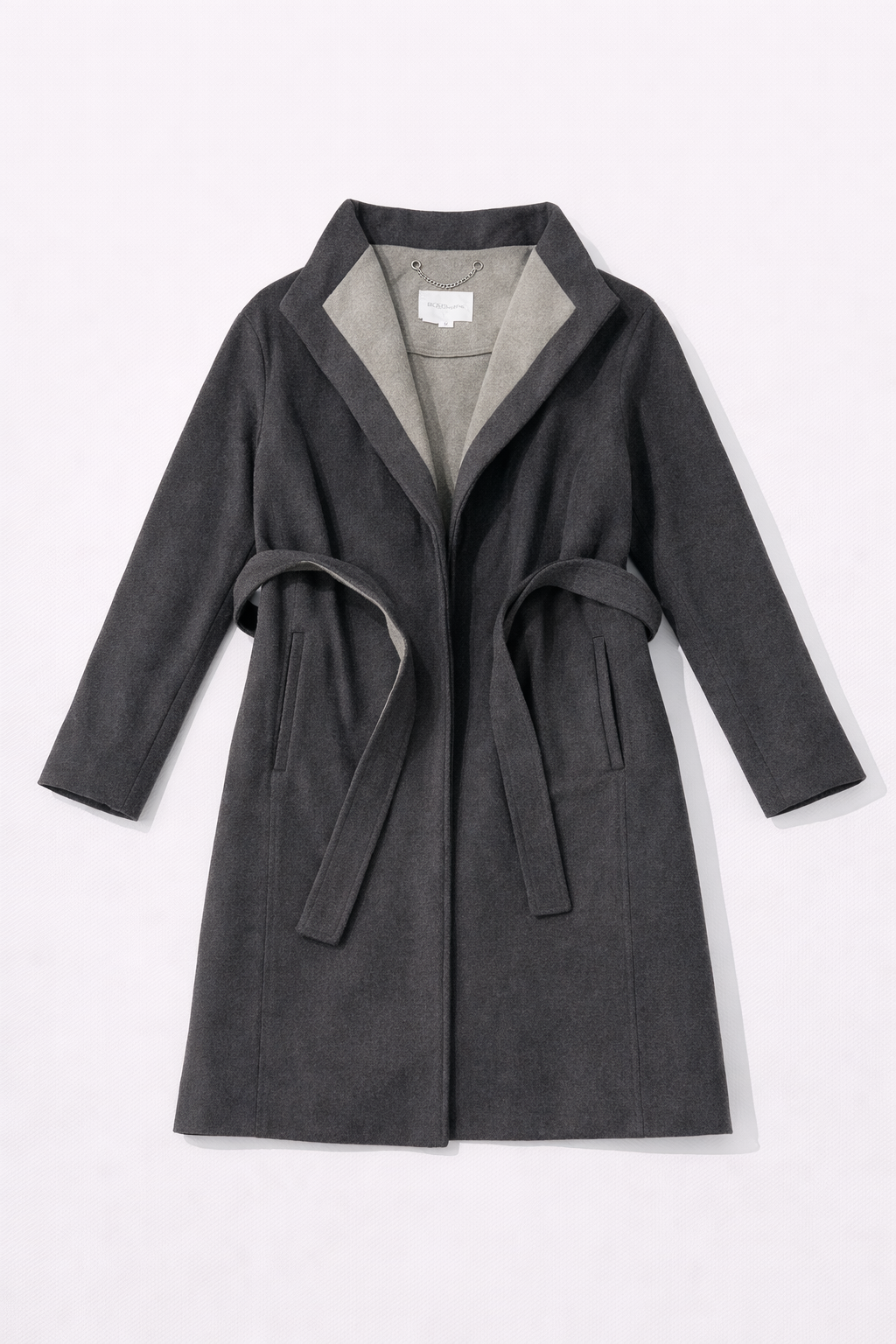 Grey belted wrap coat with wide lapels