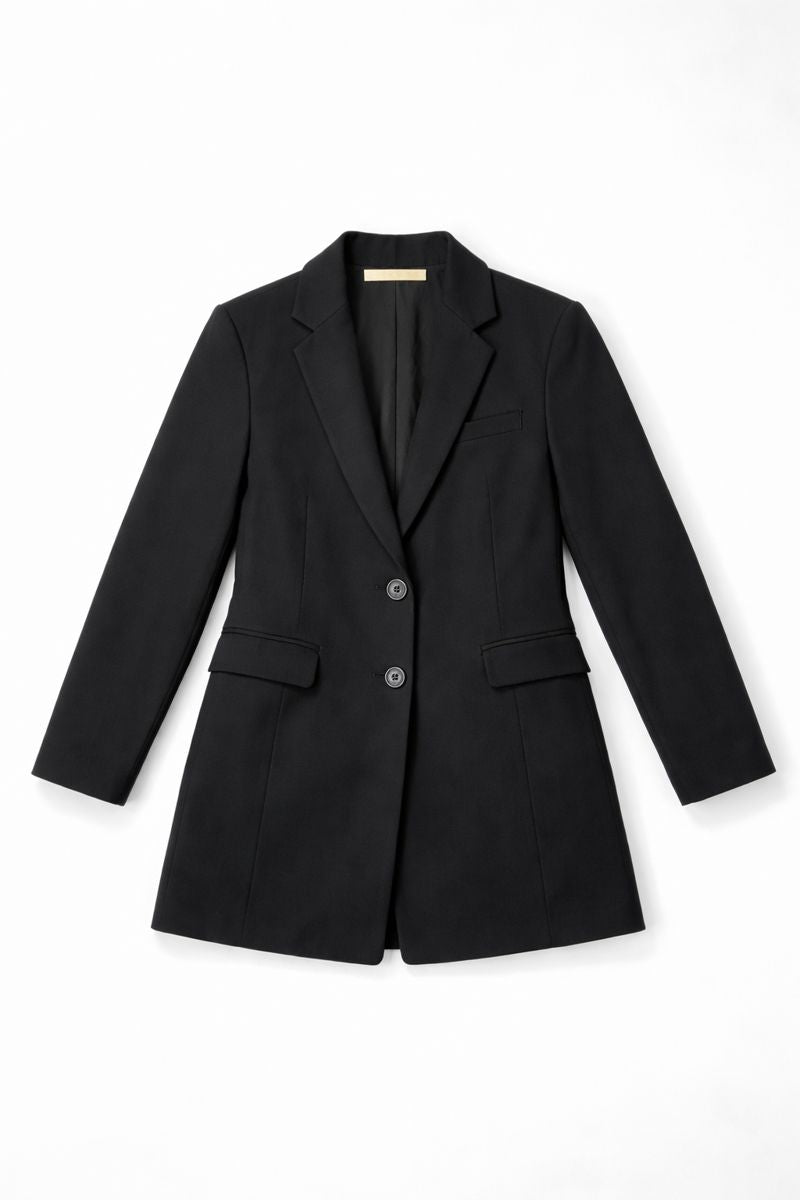 Single-breasted tailored blazer with notched lapels, two-button closure, and flap pockets
