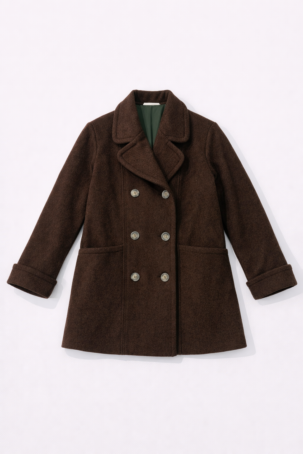 Camel double-breasted wool coat with gold buttons