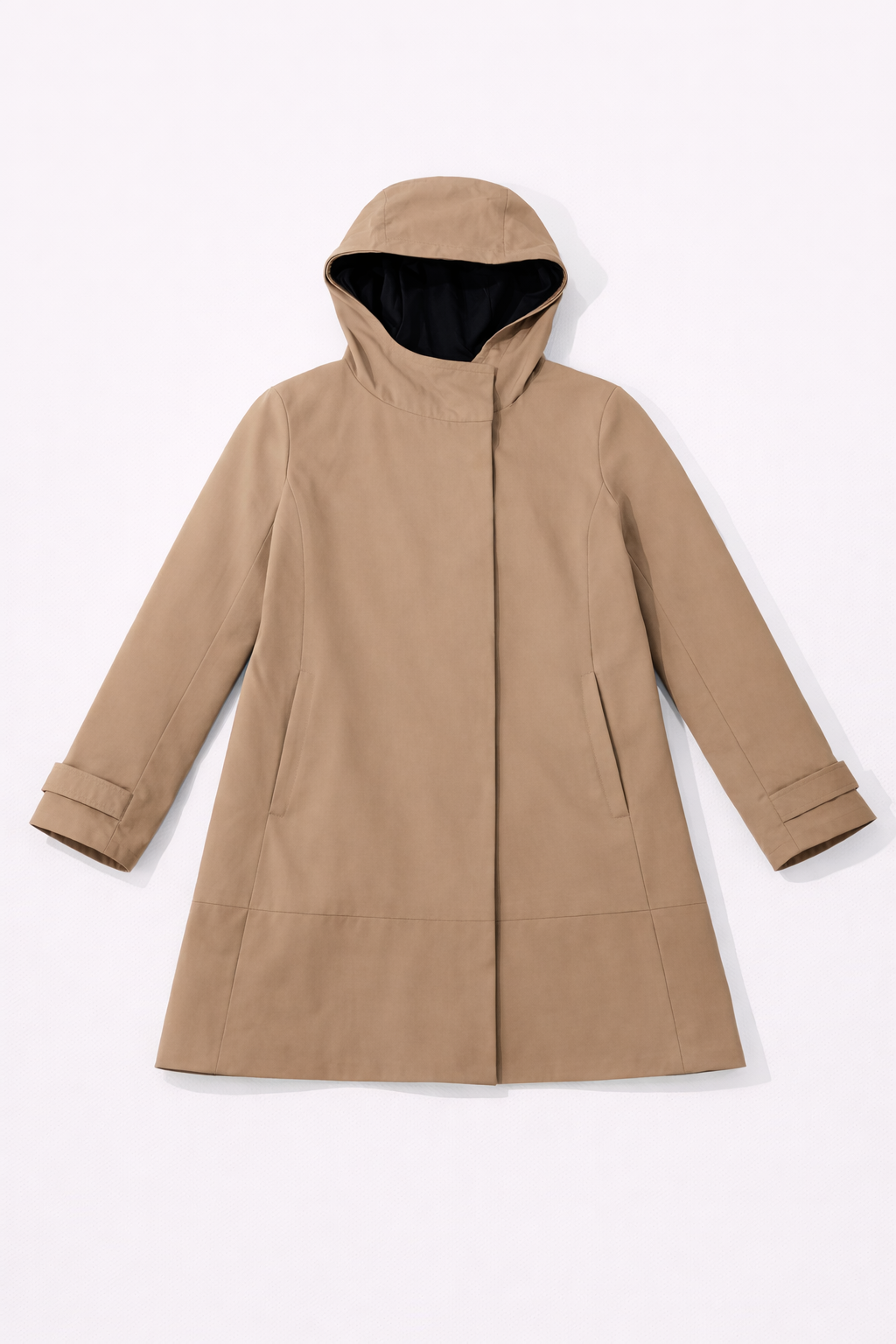 Beige hooded A-line coat with hidden closure