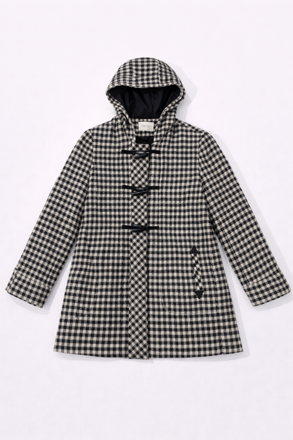 Black and white check hooded toggle coat