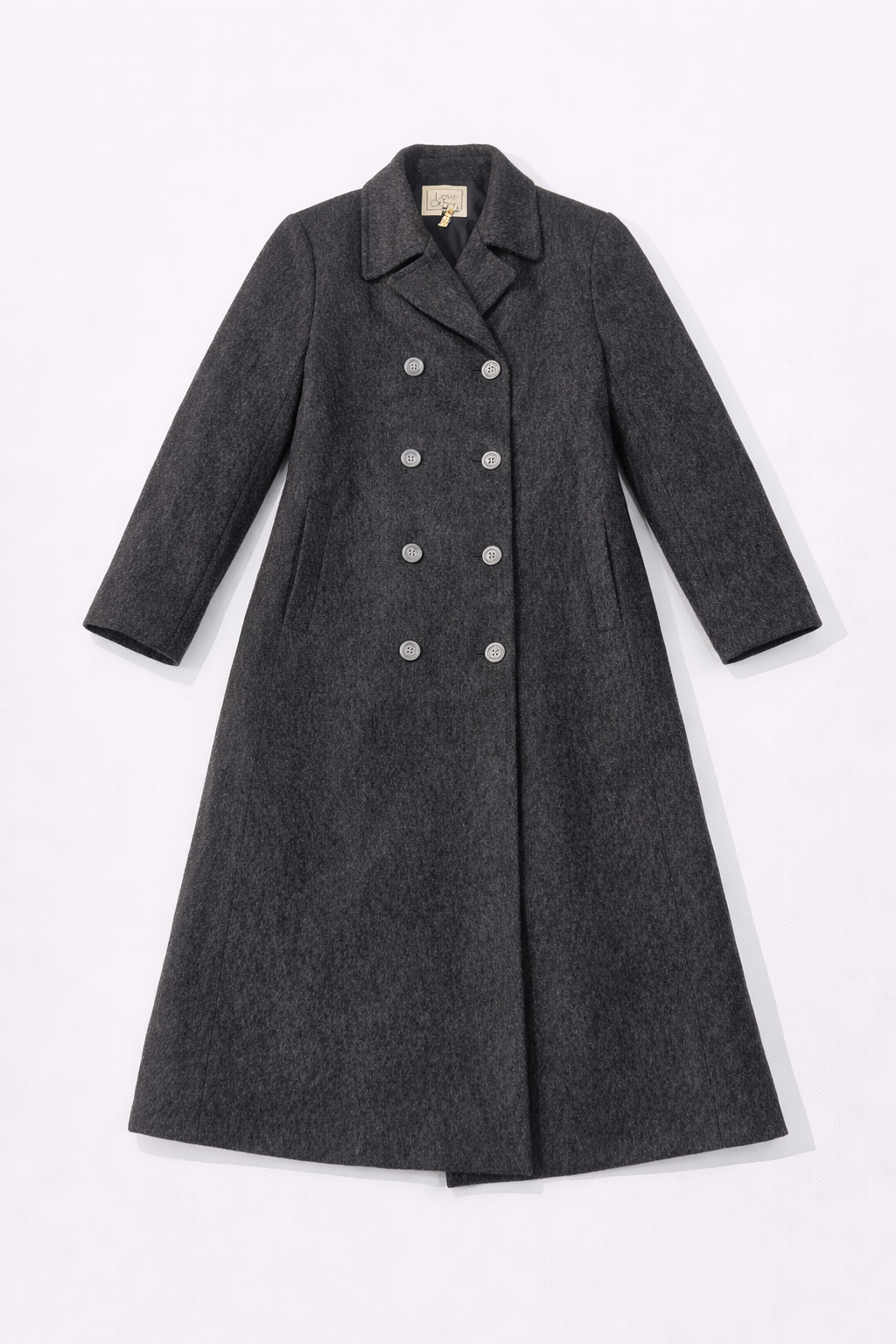 Grey long double-breasted coat with wide lapels