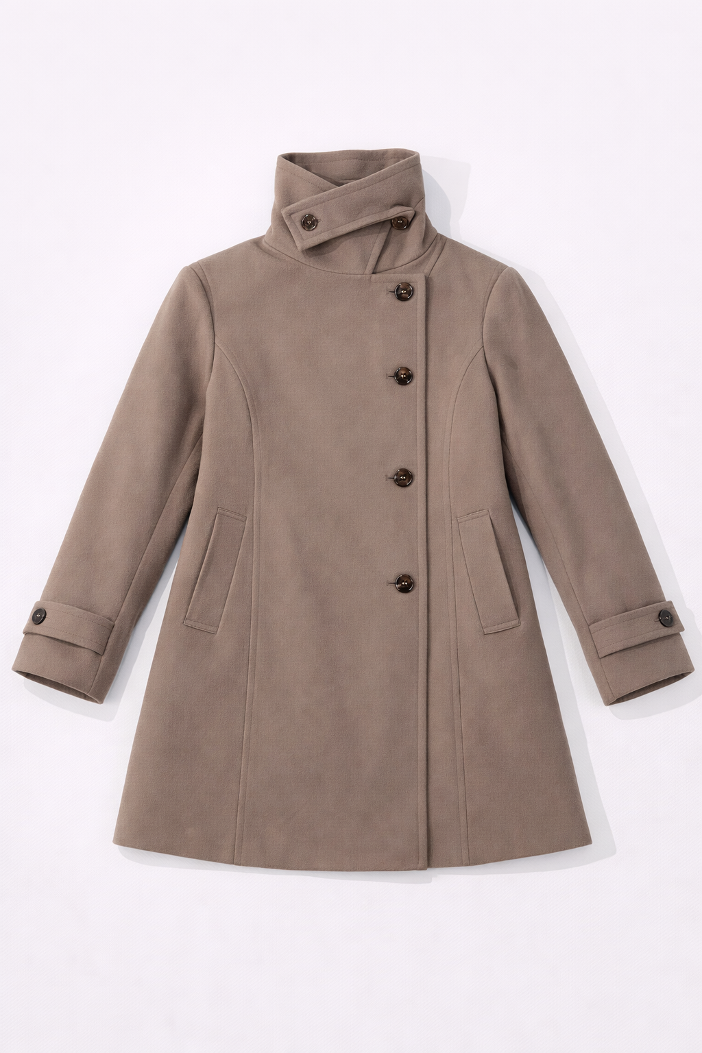 Beige long coat with high stand collar