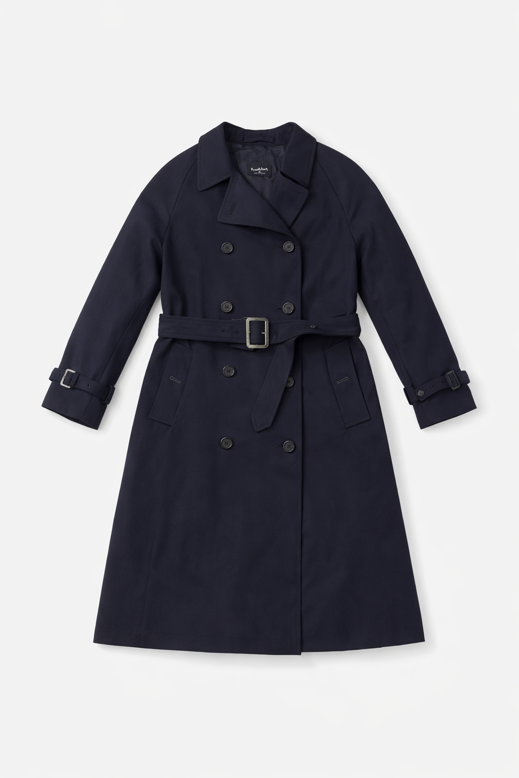 Navy belted trench coat with notch lapel