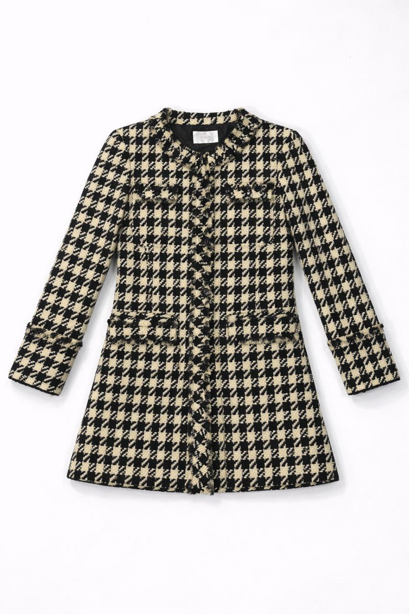 Round-neck long check jacket with curved waistline and pearl-button sleeve details