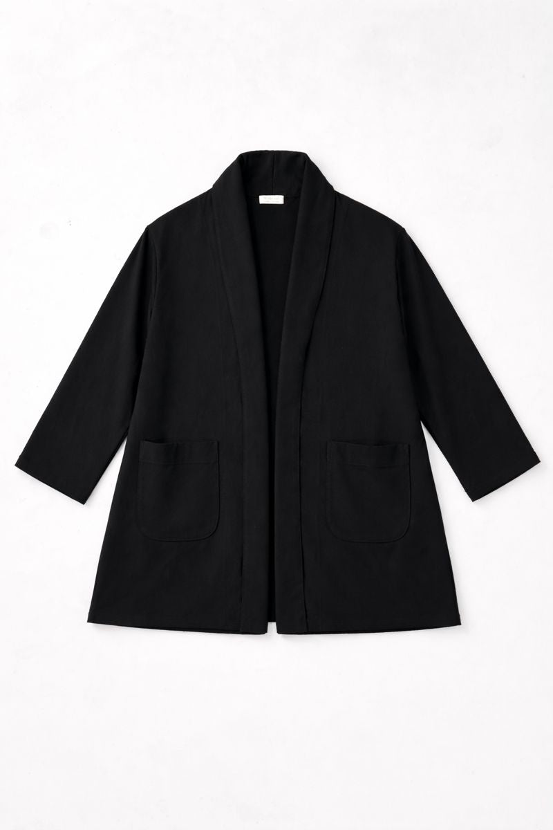 Kimono-style denim jacket with open front and patch pockets