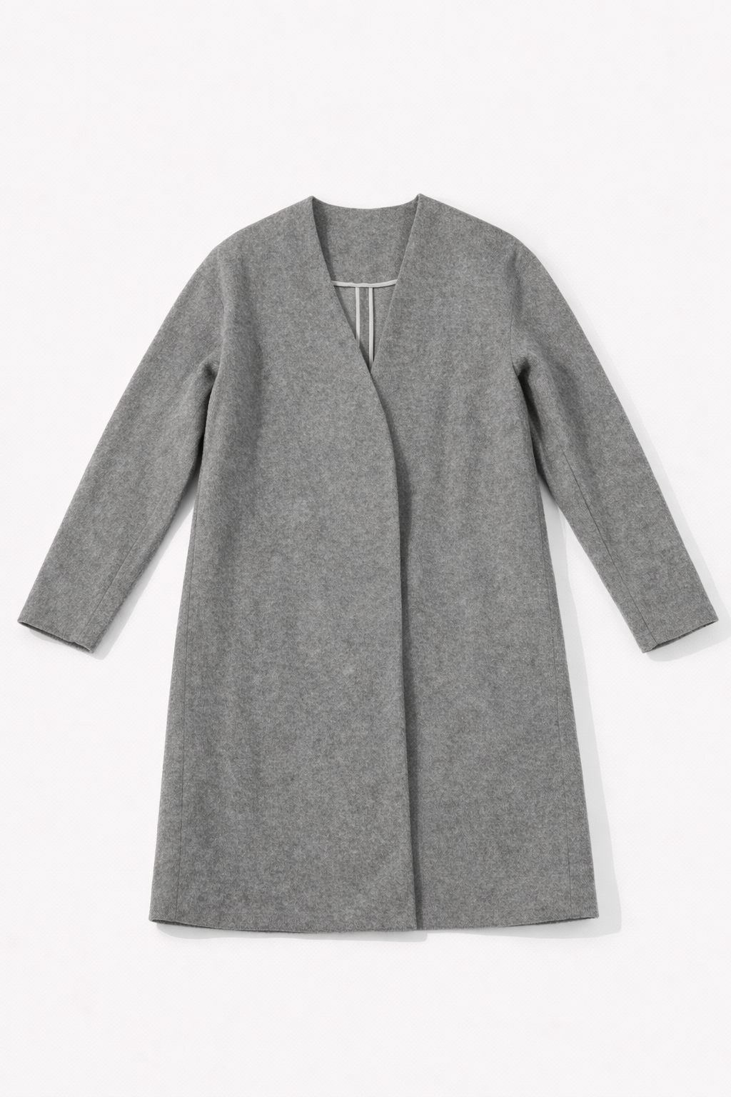 Grey collarless long coat