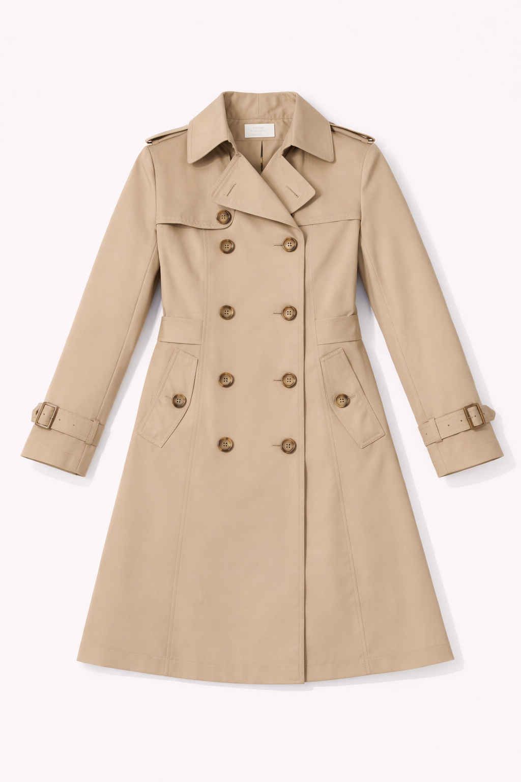 Beige belted trench coat with detachable hood