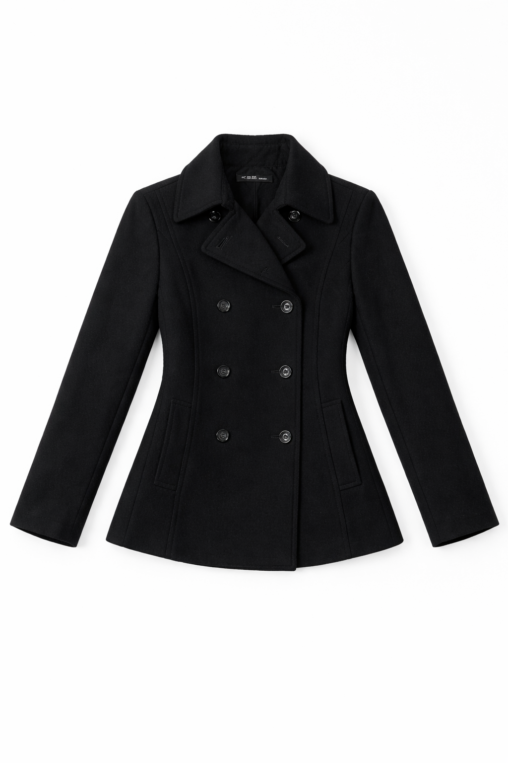 Black double-breasted wool pea coat
