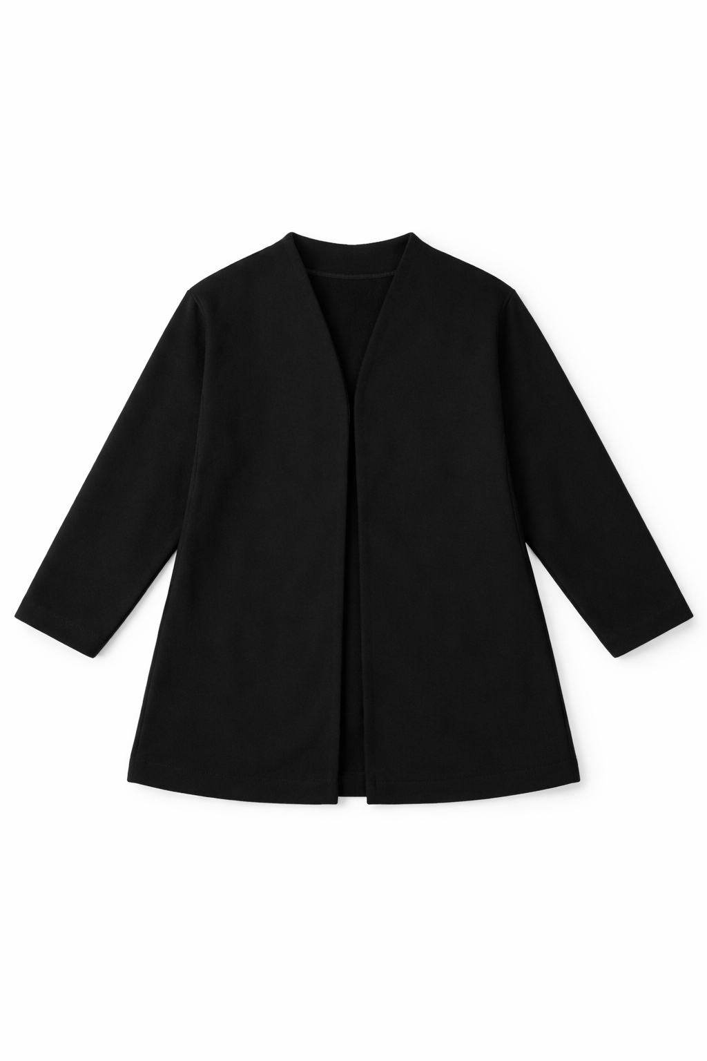 Black collarless open-front jacket