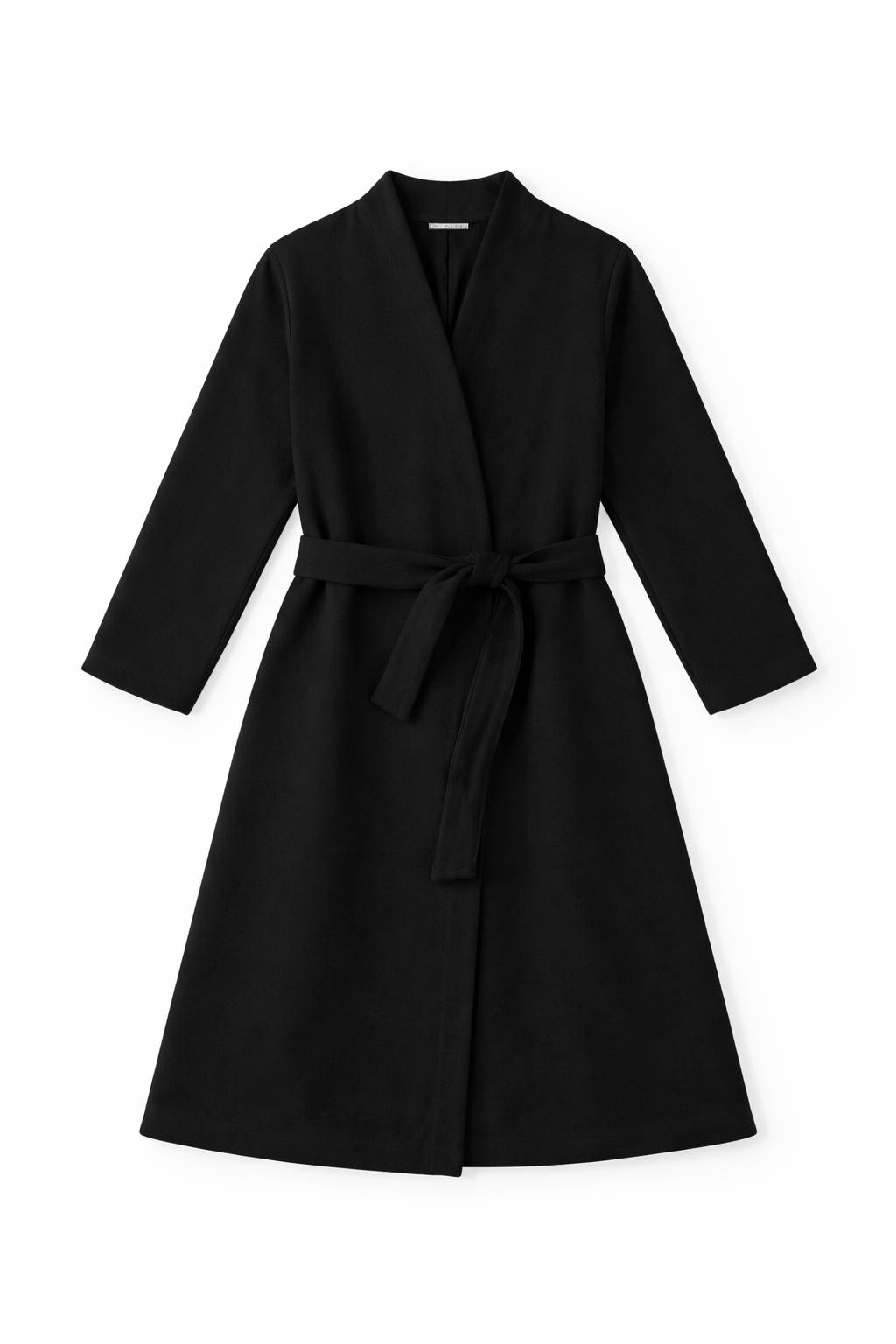 Collarless belted wool blend long coat