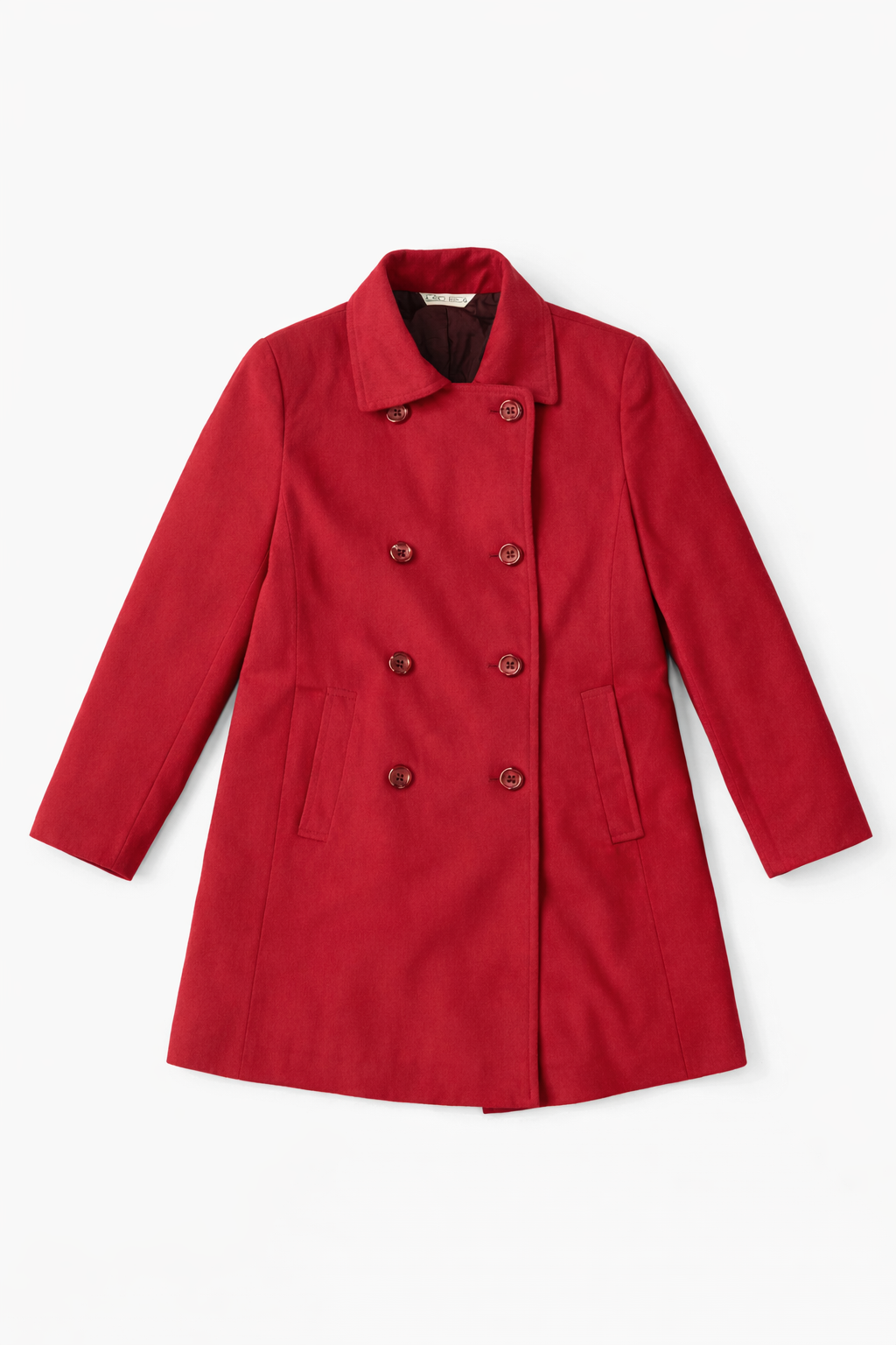 Red belted long overcoat