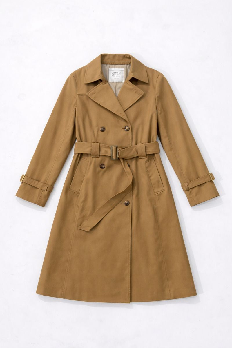 Double-breasted longline trench coat with belted waist and classic detailing